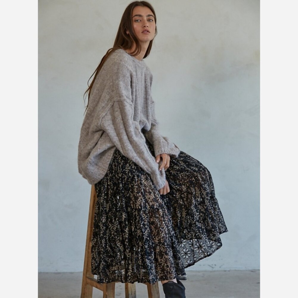 Boho Floral and Lace Midi Skirt With Soft Sparkle